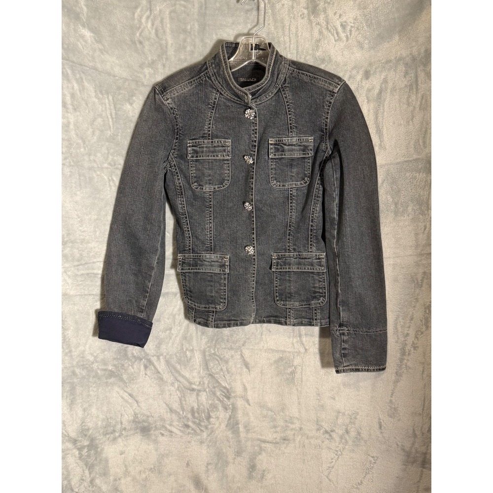 Tahari Womens Gray Denim Jacket Rhinestone Button Stand Collar Dark Wash XS